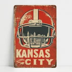 Kansas City Football Helmet Vintage Metal Sign 8x12 Inch - Retro Kansas City Skyline Tin Sign, Red Sports Wall Art Decor for Man Cave, Bar, Home, Gift for Football Fans