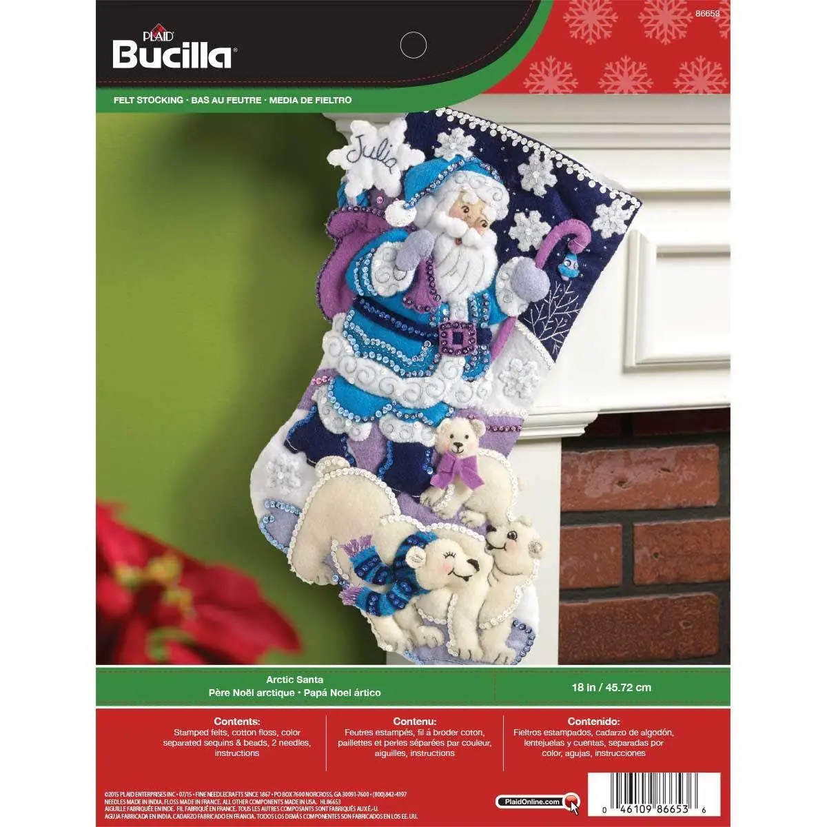 Bucilla Arctic Santa Embroidery Felt Stocking Kit 86653 - 18 in Cotton-Infused Christmas Decoration, Festive Home Sewing Supply Gift