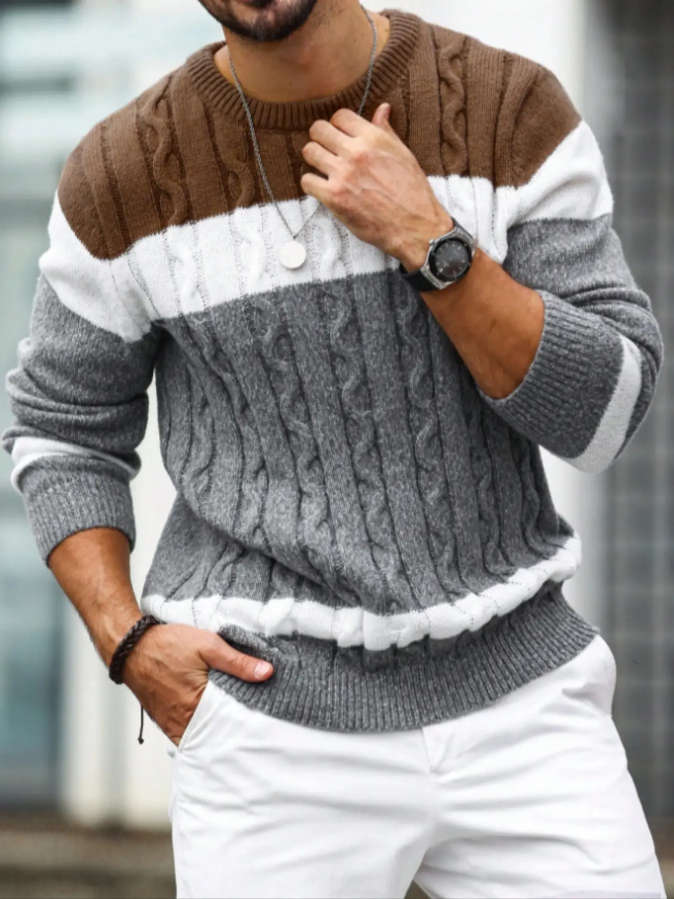Men's Autumn Winter Casual Knit Pullover Sweater, Colorblock Hemp Texture Design, Fashionable Layering Choice for Leisure Occasions, Knitwear