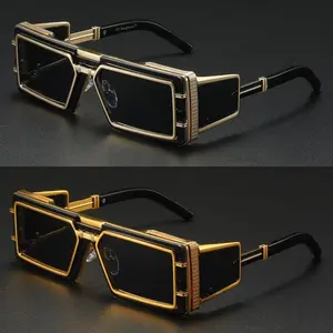 Futuristic Glam Geometric Rectangular Sunglasses Black Chrome Metal Frame with Cut Out Accents Mirrored Shades UV400 Protection