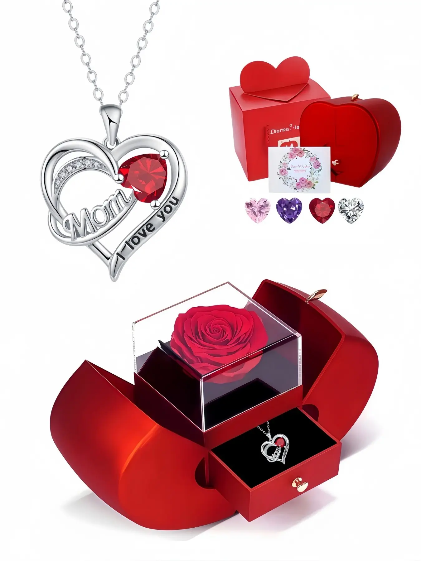 Blazing Heart Confession Luxury heart-shaped MOM gem necklace with I Love You motif.Paired with an apple preserved rose jewelry gift box.Perfect for birthdays, Mother's Day, Valentine's Day and Christmas.