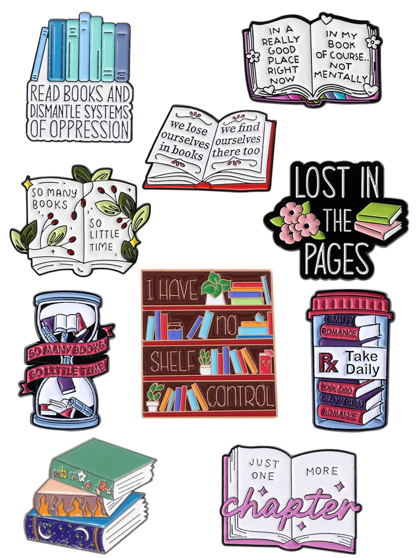 10-Piece Book Lover Pin Set with Bookshelf, Hourglass, and Unique Reading Inspiring Quote Designs, Bibliophile Collection Accessories