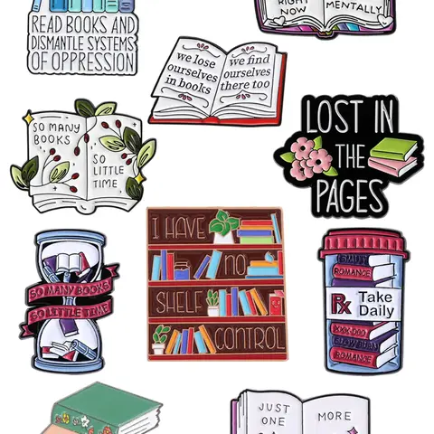 10-Piece Book Lover Pin Set with Bookshelf, Hourglass, and Unique Reading Inspiring Quote Designs, Bibliophile Collection Accessories, Lost, Pages, Gift