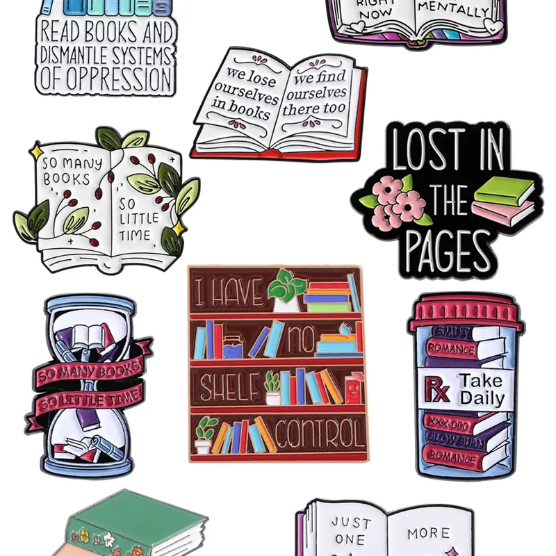 10-Piece Book Lover Pin Set with Bookshelf, Hourglass, and Unique Reading Inspiring Quote Designs, Bibliophile Collection Accessories, Lost, Pages, Gift