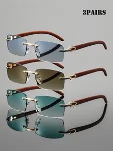 Men's Metal Rectangular Frameless Wood Grain Eyeglasses, High-End Luxury Casual Fashion Glasses, Business Style, Daily Commute, Photography Decor