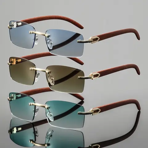 Men's Metal Rectangular Frameless Wood Grain Eyeglasses, High-End Luxury Casual Fashion Glasses, High Quality Eyewear, Business Style, Daily Commute, Photography Decor, Fashionable, rimless shades