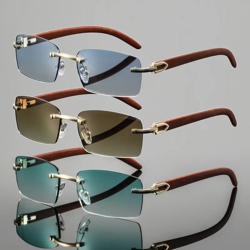 Men's Metal Rectangular Frameless Wood Grain Eyeglasses, High-End Luxury Casual Fashion Glasses, High Quality Eyewear, Business Style, Daily Commute, Photography Decor, Fashionable, rimless shades