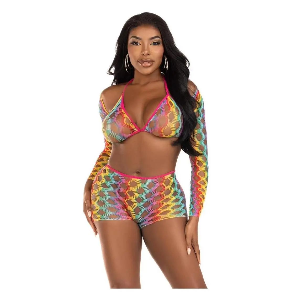 Leg Avenue Rainbow Hardcore Net Bra Top, Shrug, and Boy Shorts