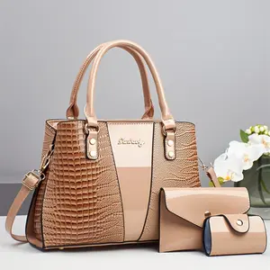 Women’s Fashion High-End Handheld Crossbody Bag Ladies Brown Crocodile Pattern Work Handbag Commuter Medium Leather Shoulder Bag Adjustable 3-Piece Set