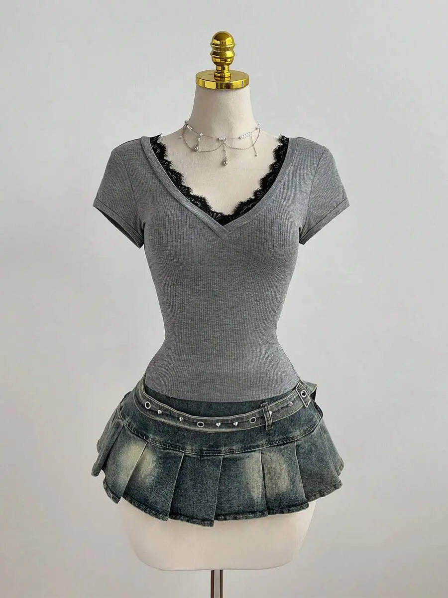 MUVA Casual Lace Patchwork Deep V-Neck Grey Slim Fit Short Sleeve T-Shirt, Spring/Summer Lace Undershirt Layering