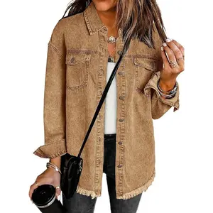 Denim Jacket for Women Oversized Button Down Casual Jean Shacket Jackets Long Sleeve Frayed Hem Western Trendy
