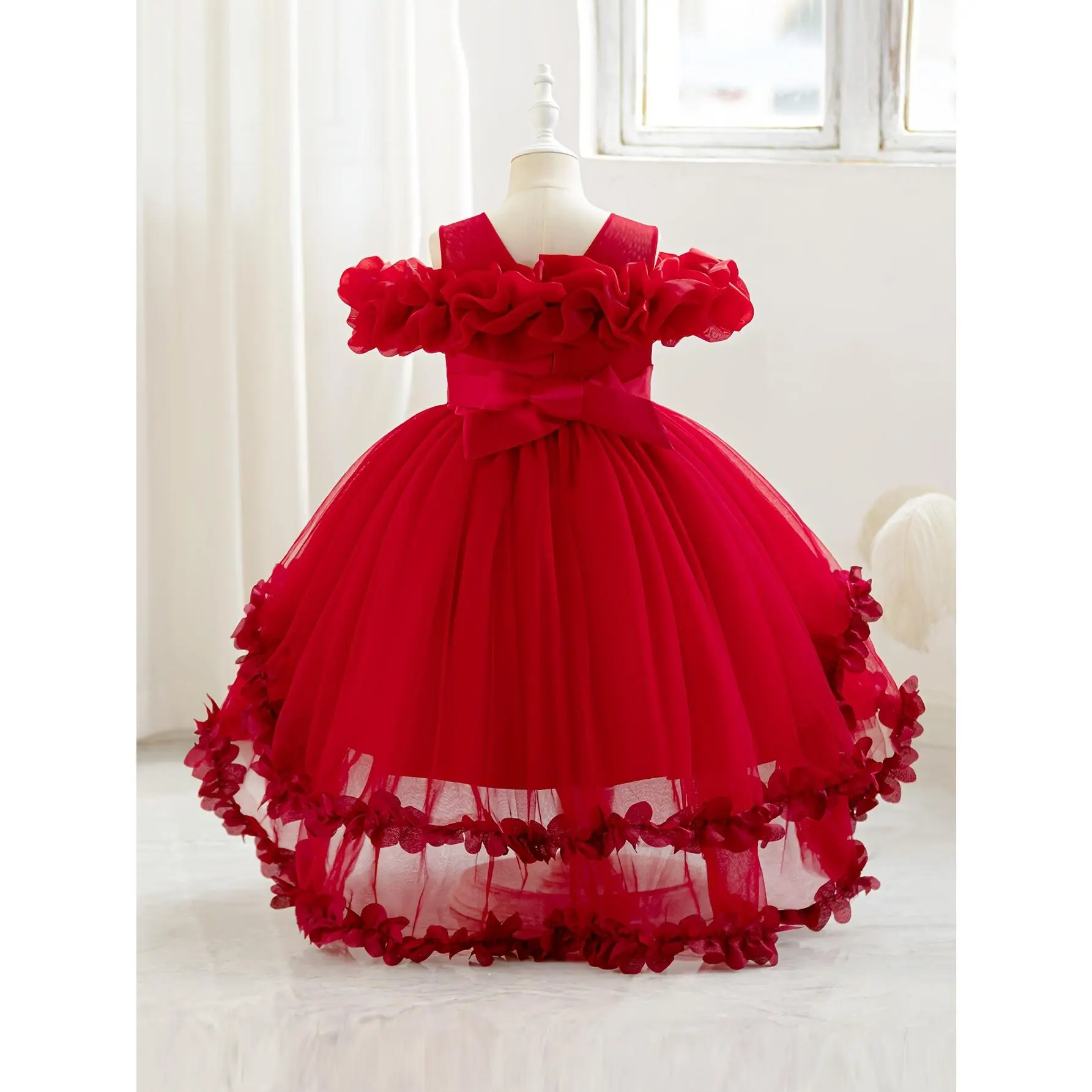 New Children's Skirt off-Shoulder Birthday Princess Solid Color Wedding One  Year Old Celebration Festival Three-