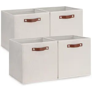 Fabric Storage Cube Storage Bins with Double Leather Handles, 4 Pack Cube Baskets, 13x13 Collapsible Cube Organizer for Shelves, Home, Office, Nursery