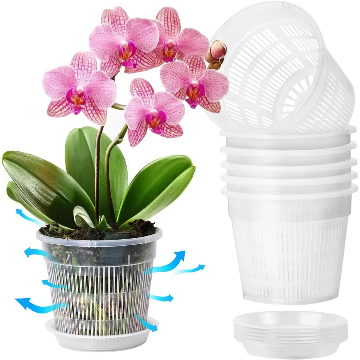 Orchid Pot, 6 Pack 4.3 Inch Orchid Pots with Holes and Saucers, Clear Orchid Pots for Repotting, Plastic Flower  Pot for Indoor Outdoor , Slotted Orchids Planter for Root