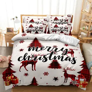 3pcs Christmas Letter Festive Reindeer & Tree Design, Red Grid Checkered Pattern Duvet Cover Set - , Machine Washable Polyester, All-Season For Holiday Bedding, Festive Christmas Gift, Decorative Duvet Cover （1 * Duvet Cover+2 * Pillowcase）