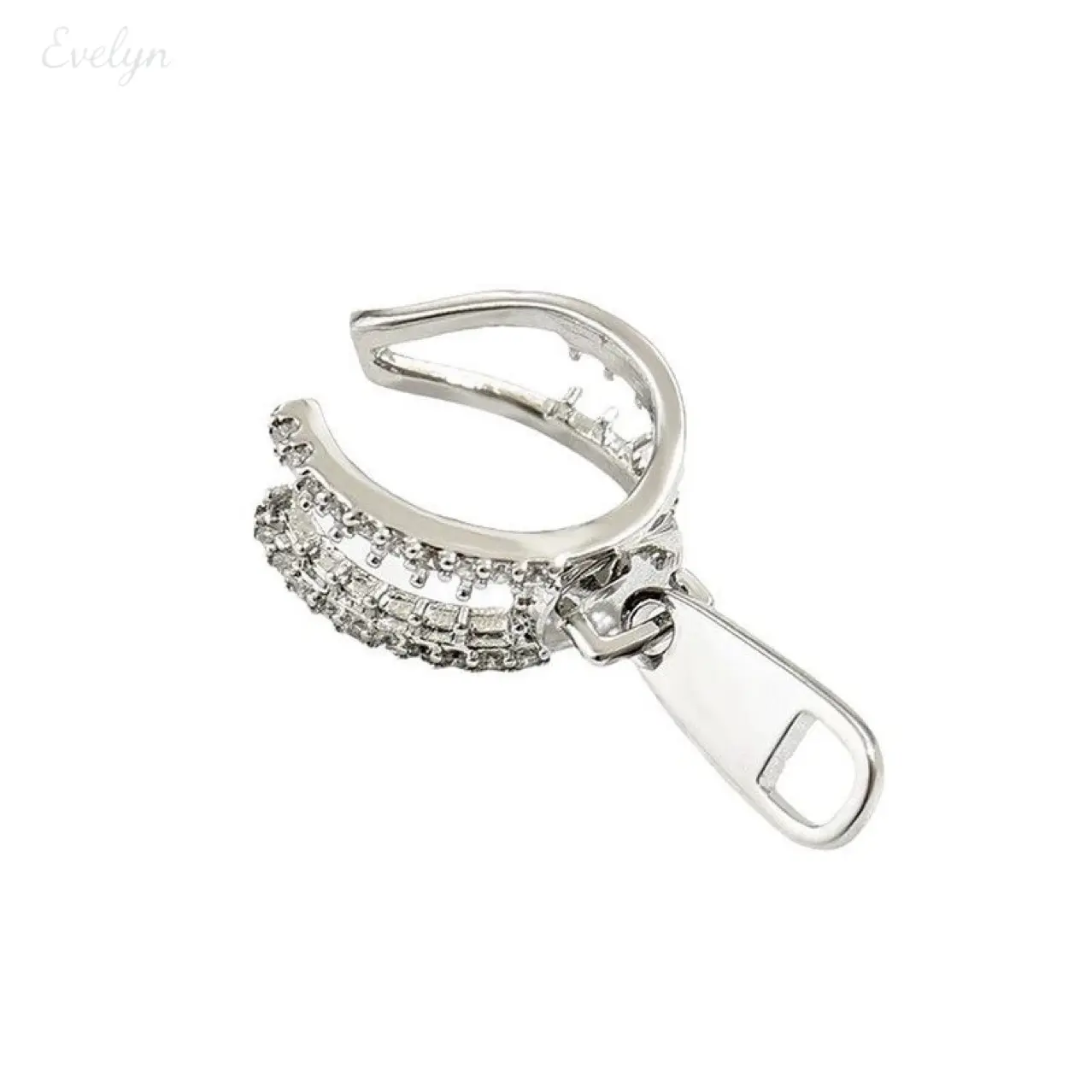 Rhinestone Zipper Shape Ear Cuff No Piercing, Silver Tone Zip Pull Tab Dangle Ear Clip, Y2K Punk Edgy Wrap Cartilage Ear Jewelry for Teen Girls Street Styling