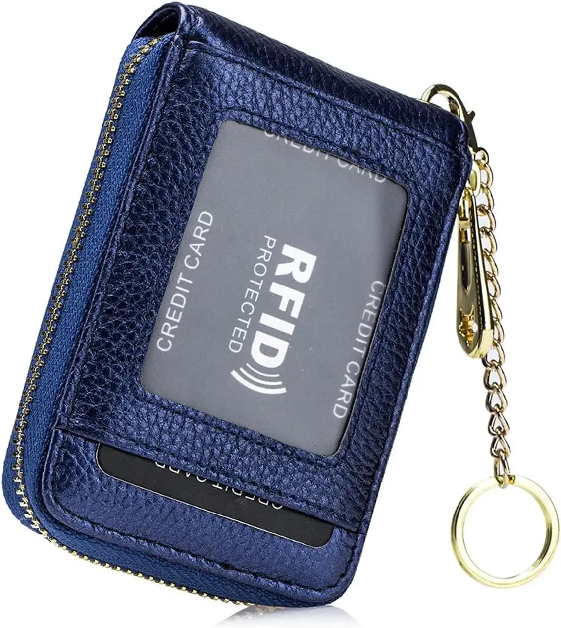Women Genuine Leather ID Card Case Minimalist Wallet with Key Chain. RFID Blocking 12 Credit Card Holder Purse -Dark Blue