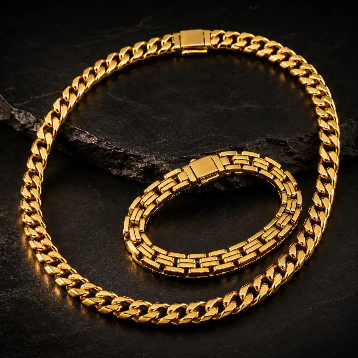 Men’s 18K Gold Plated Stainless Steel Necklace and Bracelet Set, Cuban Link Chain with Geometric Link Bracelet
