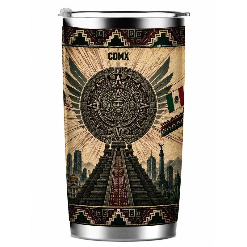 40oz Mexico Heritage Engraved Stainless Steel Vacuum Flask - Aztec Calendar Pyramid Design Insulated Drinkware, Coffee Tumbler with Lid, Cultural Gift for Mexico Fans