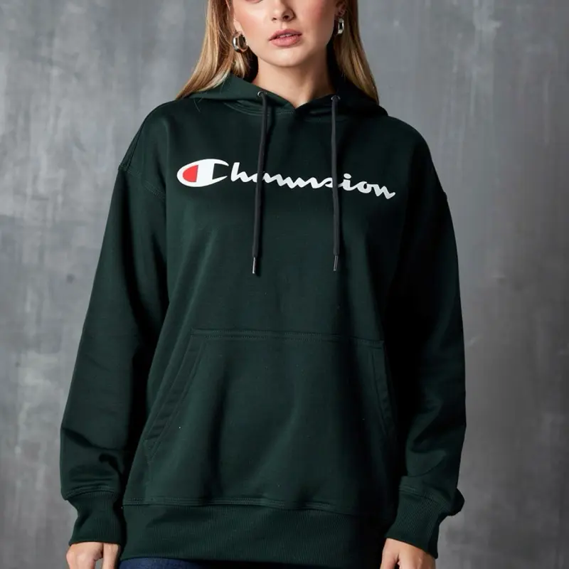 Girls' Champion Reverse Weave Oversized Hoodie - Black, Polyester-Cotton, Long Sleeves, Crew Neck, Preppy Y2K Streetwear Essential