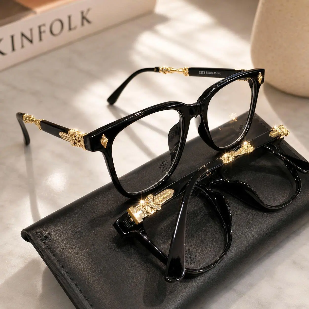 Chrome Hearts Square Frame Eyeglasses Unisex Luxury Clear Lens Glasses Premium Black Frame Gold Metal Detail Designer Eyewear