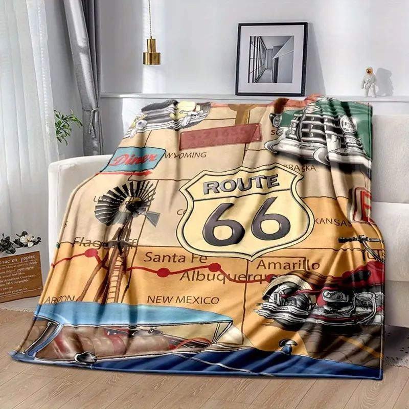 1pc Vintage Route 66 Road Trip Fleece Blanket - Car Print & Classic Car Blankets - Soft Warm Polyester with Landmarks Design - All-Season Cozy Throw for Sofa & Travel - Machine Washable - Perfect Gift for Enthusiasts, Car Print Blankets