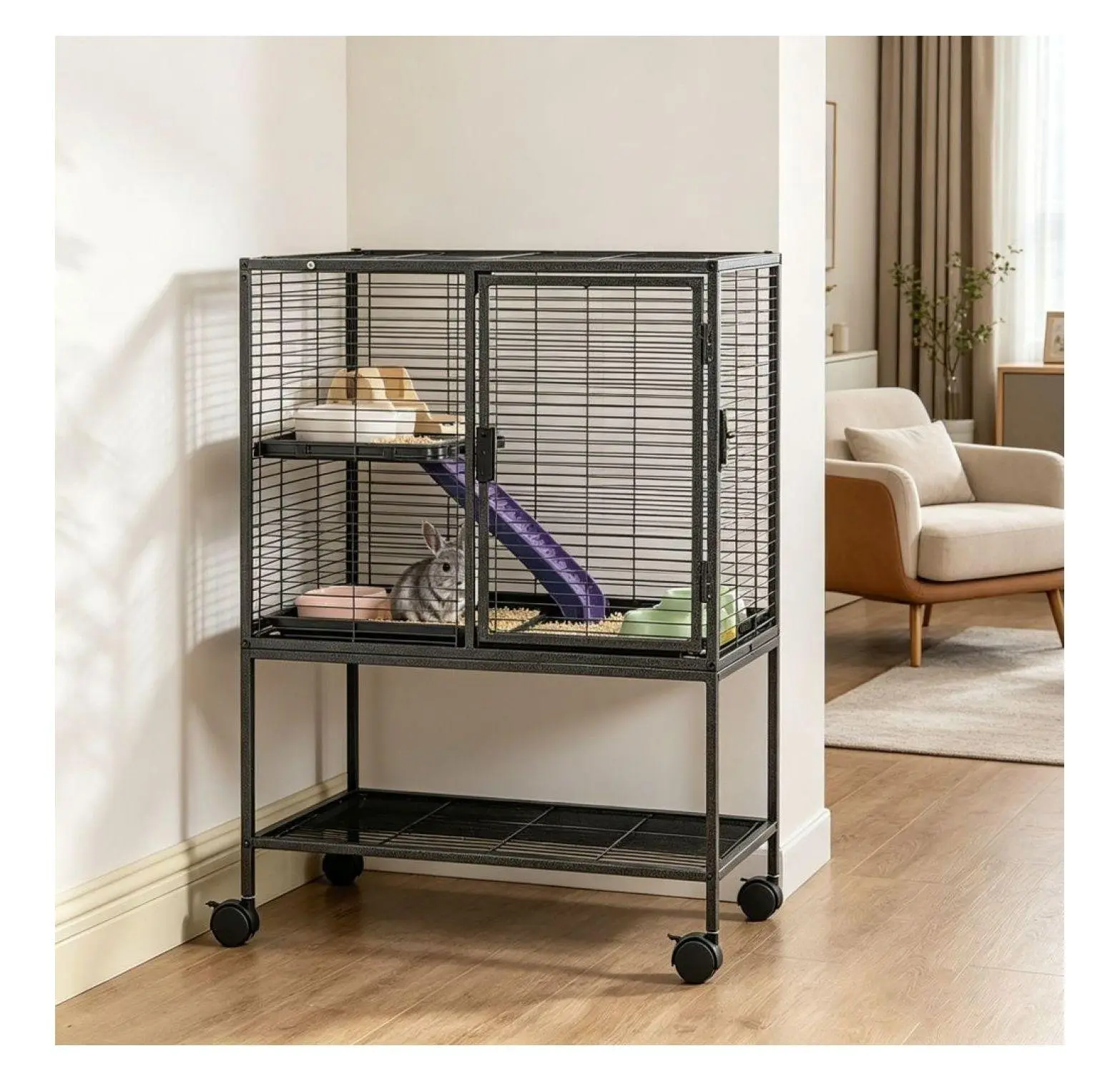Powder Coat Metal Rabbit Cage for Small Animals - 24x17.3x34.1in Large Space Mesh Design, Dual-Layer Front Open Door, Ramp, Wheels, Easy Clean Coated Metal Bottom Tray