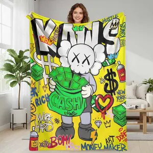 KAWS Street Art Flannel Blanket Graffiti Cash Character Print Soft Warm Lightweight Cozy Throw for Sofa Office Travel Urban Home Decor Gift