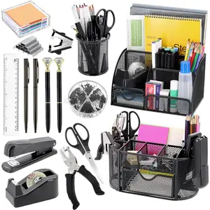 17 in 1 Black Desk Organizers and Accessories Set, 3 Office Desk Supplies Storage Organization, 4 Pens, Stapler, Staples & Remover, Tape & Dispenser, , Ruler, Clips, Hole Punch,  to School