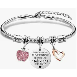 Custom Personalized Charm Bracelet, Engraved Pendant with Heart/Apple/Bee/Butterfly for Teacher & Inspirational Gift