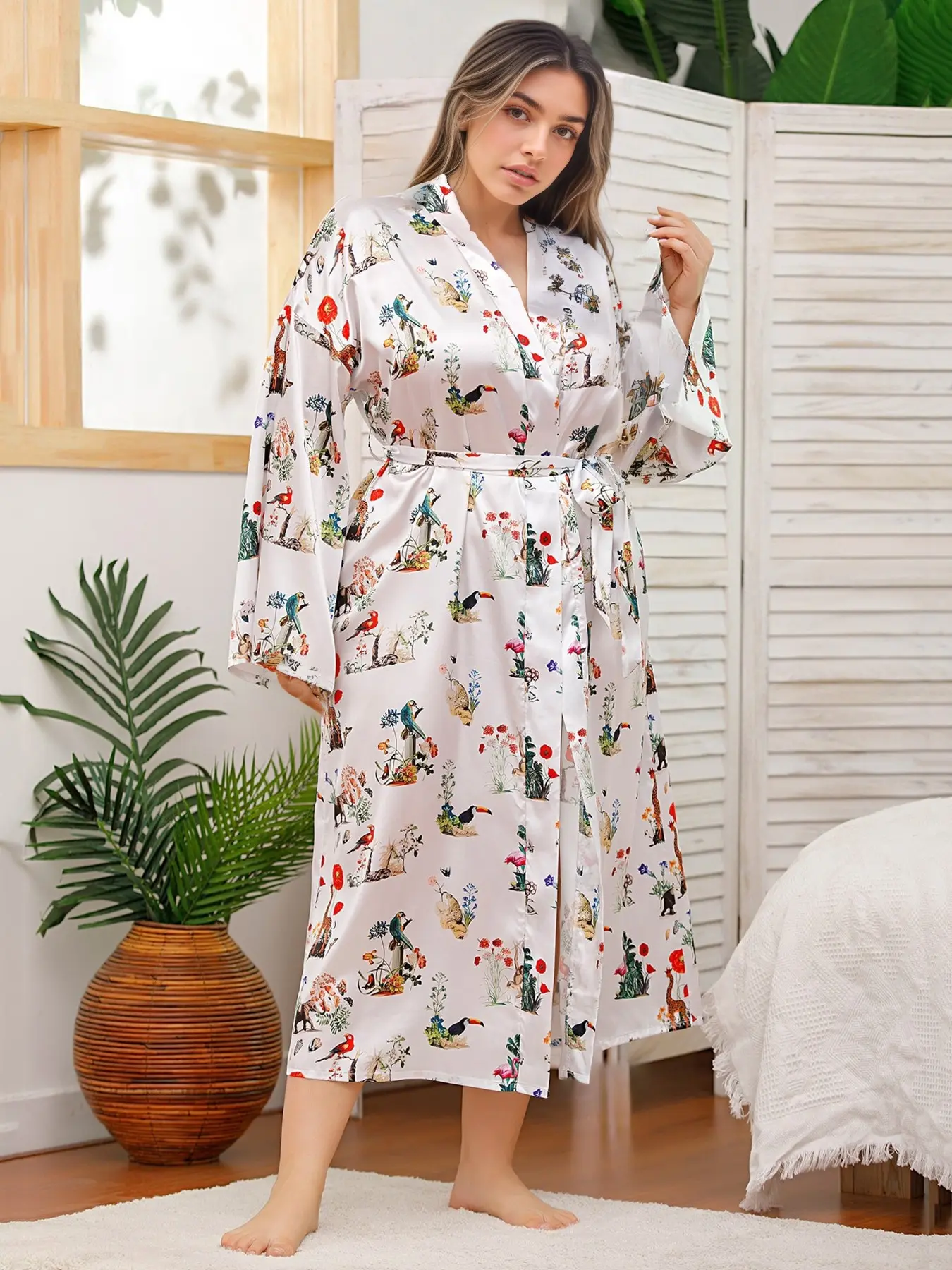 Women's Plus Size Satin Silk Floral Print Bathrobe, Loose Casual Robe, Long Sleeve Homeewear, Comfortable Sleepwear, Casual Loungewear, Ladies' Nightgown