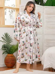 Women's Plus Size Satin Silk Floral Print Bathrobe, Long Sleeve Homeewear, Comfortable Sleepwear, Casual Loungewear, Ladies' Nightgown