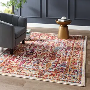 Modway Entourage Jessa Distressed Vintage Floral Lattice 5x8 Area Rug in Ivory, Blue, Orange, Yellow, Red