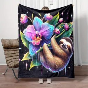 280GSM Cozy Sloth& Orchid Print Flannel Throw Blanket- Soft All-Season Comfort For Bed, Sofa, Camping& Travel- Gift For Birthday, Easter, Halloween, Christmas, Valentine'S Day, Mother'S Day, Father'S Day, Anniversary, Graduation, Wedding, Decor