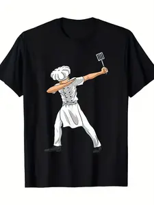 Men's Chef Pattern T-Shirt-Funny Cooking Costume with Chef Action Posture and Shovel Design-Heavy Cotton T-Shirt for Cooking School, Restaurant,..., skin-friendly softness, street casual look, for men, weekend casual