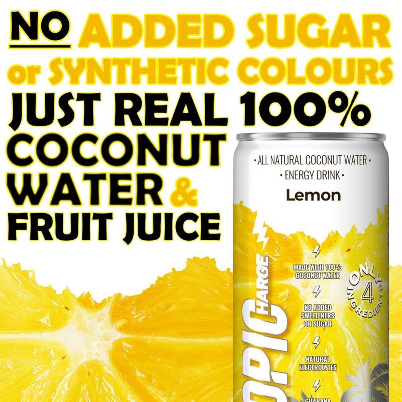 Tropicharge 100% Coconut Water Energy Drink with Guarana Extract (24 pack 330ml/6 flavours) - Zero Sweeteners or Added Sugar - All Natural - Passion Fruit, Forest Apple, Red Cherry, Lemon, Peach, Watermelon