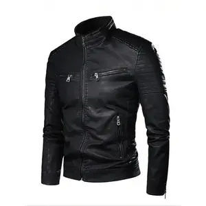 Men's Solid Zip Up Mock Neck Faux Leather Jacket, Slim Casual Long Sleeve Outerwear for Fall & Winter, Men's Clothes for Daily Wear Menswear Coats