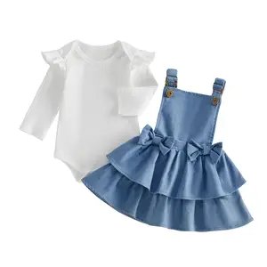 Baby Girl Clothing Sets Fashionable Long Sleeve Solid Color Romper with Suspender Skirt 2Pcs Outfits