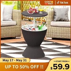 COSTWAY Cool Bar Table, 4/8/10 Gallon Beer and Wine Cooler, Rattan Style Patio Bar Tables, Height Adjustable, 3-in-1 Ice Cooler with Drainage Plug, Outdoor Cocktail Table for Deck Pool Party-Deals for You Days