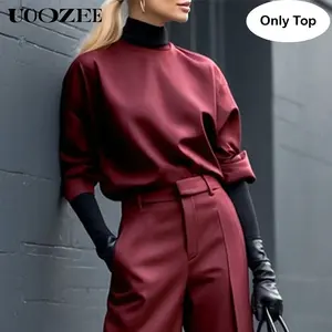 UOOZEE Women's 2025 New Fashion (Only Top) Hoodies&Sweatshirt Tops Burgundy Round Neck Half Sleeves Loose Fit T-shirt Spring Autumn Casual Streetwear Shirts