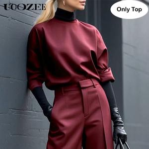 UOOZEE Lady's 2025 New Spandex Fashion Sweatshirt - Burgundy, Round Neck, Half Sleeves, Loose Fit, Elegance Everyday Style, Spring Autumn Casual Streetwear (Only Top), Basic, Women