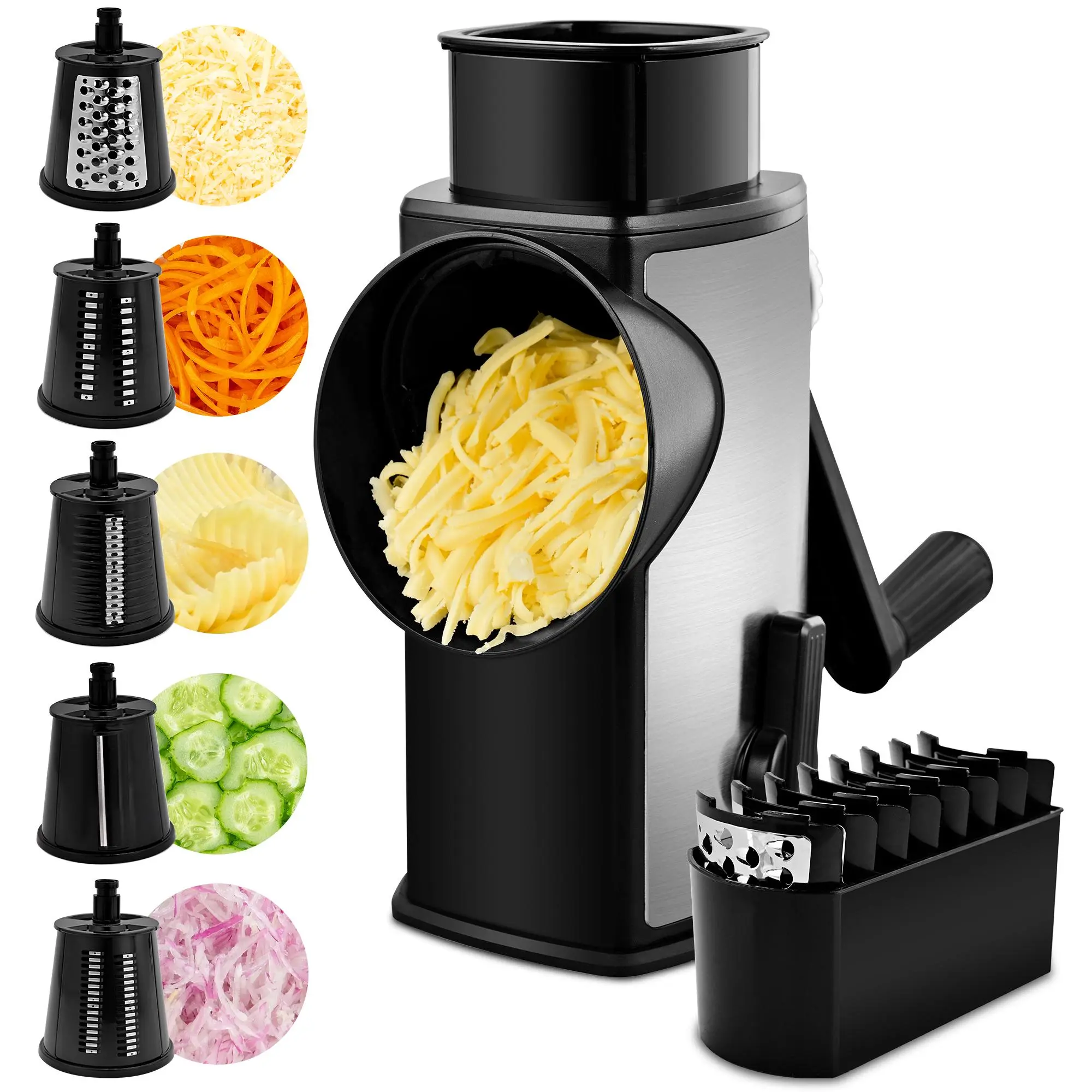 SUSTEAS 5-in-1 Rotary Grater & Vegetable Slicer BPA-Free Food Processor with 5 Stainless Steel Blades Non-Slip Suction Base Detachable Design for Easy Cleaning Perfect for Fruits Veggies & Nuts Utensils Kitchen Essential Pink, Rotary Cheese Shredder, Vege
