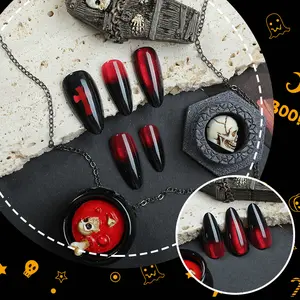 24-Piece Halloween Press-On Nails DM-107 Handmade Almond Cat Eye Tips Gothic Cross Ombre Reusable Set Solid Color Design Faux Nail Detachable Gel X Nail Art Kit