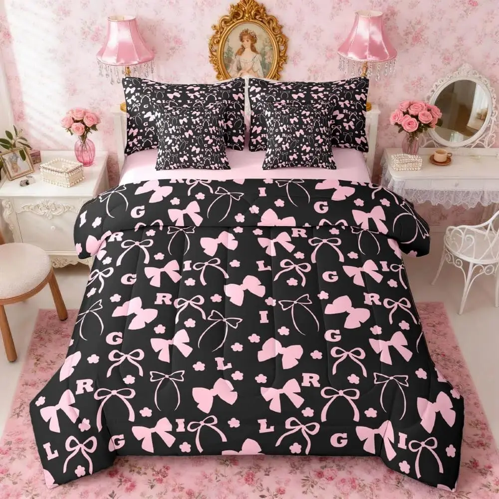 Bow Comforter Set 7 Pieces Balck Pink Bedding Set Floral Bed in a Bag with Comforter,Sheets,Pillowcases,Cushion Covers Cute Bowknot Bedroom Decor Personalized Initial Letter
