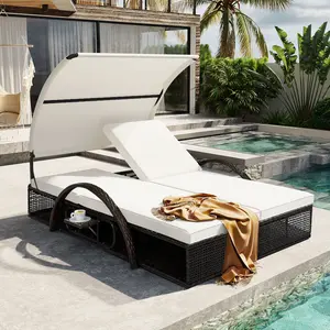 Outdoor Daybed with Curved Canopy, Patio Sunbed Lounger with Adjustable Backrest and Removable Cushion, Outdoor Loveseat Sofa with Hidden Side Table and Arched Armrests for Poolside, Beige