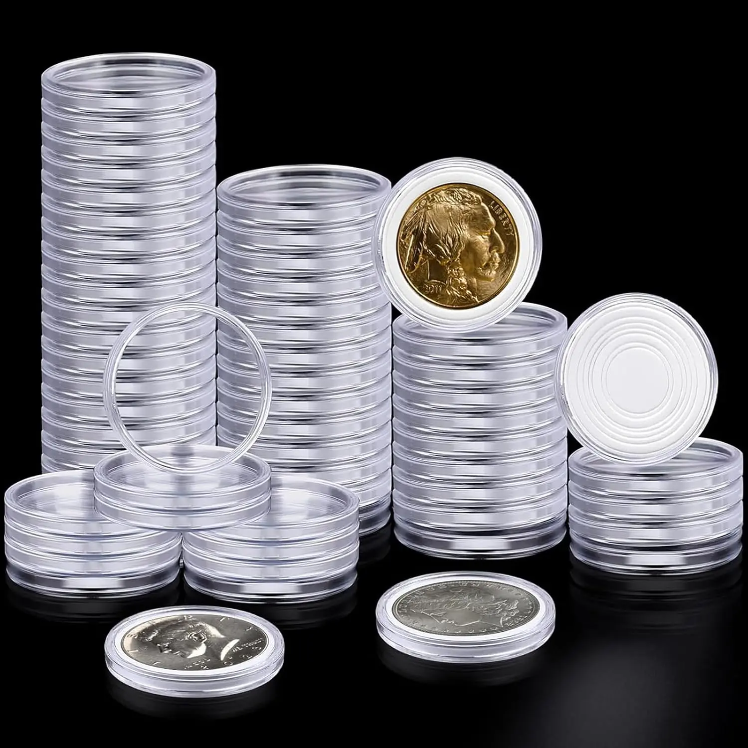 63PCS Silver Dollar Coin Holder, Clear Coin Capsules for Collectors | Plastic Coin Case for Morgan Silver Dollar, Coin Protectors with Adjustable Gasket (17/20/25/27/30/33/38/40mm)