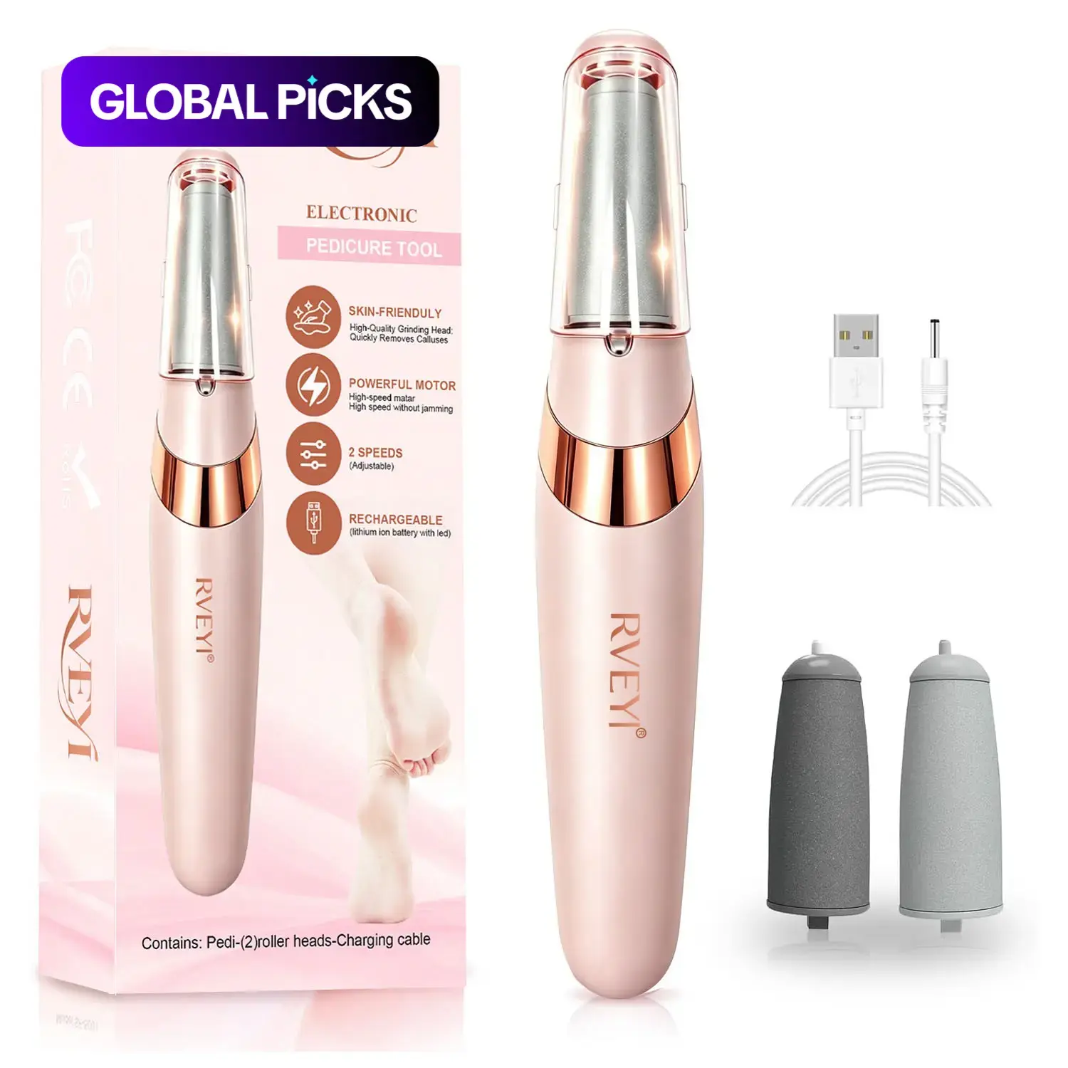 Rechargeable Electric Foot Callus Remover, Electronic Foot File with 2 Adjustable Speeds, Washable Grinding Head and LED Light, Cordless Pedicure Tool, Dead Skin Remover and Foot Rasp #GLOBAL PICKS