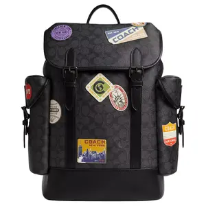 COACH 31 Logo-Print Synthetic and Genuine Leather Backpack for Men, Large Size, Black
