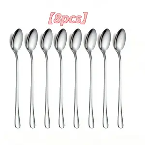 8-Piece Long Handle Ice Tea Spoon Set, Stainless Steel Coffee Scoop, Cocktail Bar Tool, Ideal for Dessert & Beverage Serving