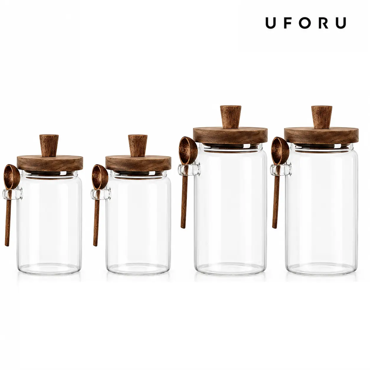 UFORU Round Airtight Transparent Glass Food Storage Jar - Kitchen Refillable Spice Container with Bamboo Lid & Scoop, 25.36oz (750ml) Reusable Preserving Utensil for Coffee Beans, Tea, Fits Cabinets & Pantry Shelves